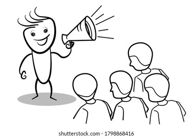 Vector illustration skating work man holding amplifier telling group of people