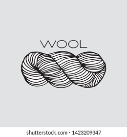 Vector illustration with skein and title WOOL. Black and white hand drawn emblem.