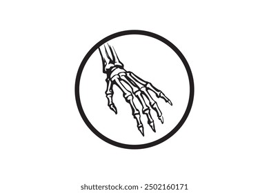 Ilustración vectorial de una mano esquelética en un marco circular, que representa la estructura ósea detallada. Diseño blanco y negro, perfecto para anatómico, médico