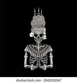 Vector illustration of skeleton with apsara accessories. Skeleton of apsara cambodian khmer classical. Praying pose of apsara skeleton front view.
