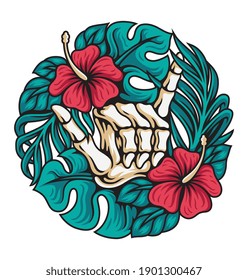 Vector illustration of skeleton arm with shaka sign surrounded by hibiscus flowers and various tropical leaves, For t-shirts, stickers and other similar products.