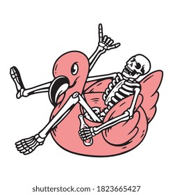 Vector illustration Skeleton with a Bottle Beer Sitting in a flamingo Buoy. For t-shirts, stickers and other similar products.