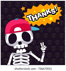 Vector illustration of skeleton character with cap saying Thanks.