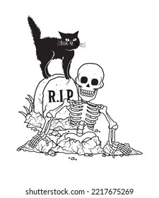 Vector illustration of a skeleton coming out of a grave