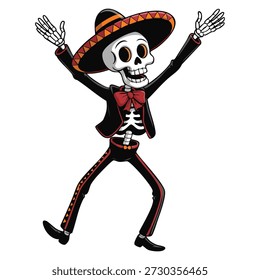 Vector illustration of skeleton dancing in Mexican national costume ideal for Dia de los Muertos Day of the Dead celebration cultural holiday festive themed designs