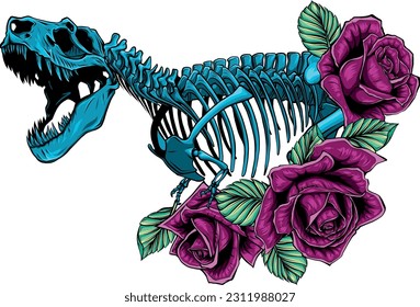 Vector Illustration of skeleton of Dinosaur Tyrannosaurus Rex with roses and leaves