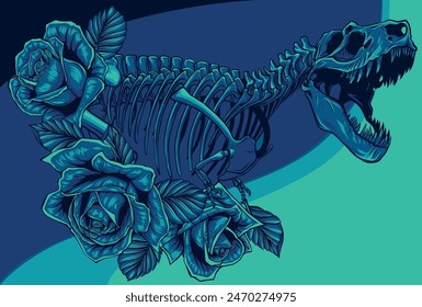 Vector Illustration of skeleton of Dinosaur Tyrannosaurus Rex with roses and leaves