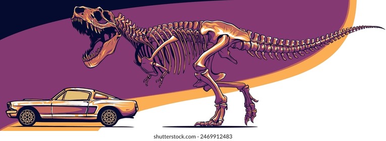 vector illustration of skeleton dinousaur chase car