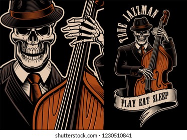Vector illustration of skeleton with double bass in tattoo style. Text is on the separate group.