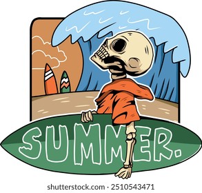 Vector illustration of Skeleton enjoying the summer time at beach holding a surfing board