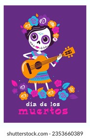 Vector illustration of a skeleton of a girl in a dress with a guitar and flowers on her hair in flat style in pink, blue and purple shades. From a greeting card for the Mexican holiday Day of the Dead