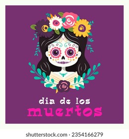 Vector illustration of a skeleton of a girl in a dress and flowers on her hair in flat style in pink and purple colors. greeting card for the Mexican holiday Day of the Dead