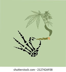 vector illustration of a skeleton hand and cannabis smokes