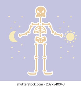 Vector illustration of skeleton. Hand drawn cartoon bones and skull sticker for halloween, logo, icon, banner, poster.