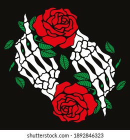 Vector illustration of a skeleton hand holding a red roseisolated on black. Image rotated on itself. 