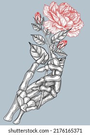 Vector illustration of a skeleton hand holding a rose flower in engraving style