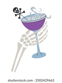 Vector illustration of skeleton hand holding a Halloween cocktail with blackberry, garnished with scull and bones. Spooky beverage for gothic celebrations and parties. Glass with purple alcohol drink