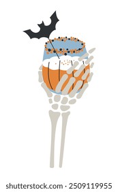 Vector illustration of skeleton hand holding Halloween cocktail decorated with bat, pumpkin patch beverage. Spooky glass with punch for gothic celebrations and parties. Alcohol drink or mocktail