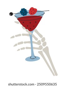 Vector illustration of skeleton hand holding a Halloween cocktail with blackberry and strawberry, witches heart beverage. Spooky glass for gothic celebrations and parties. Flat red alcohol drink