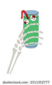 Vektorgrafik einer Skeletthand, die einen Halloween-Cocktail mit Augäpfeln und einem roten Gummiwurm hält. Gespenstisches Getränk für gotische Feiern und Partys. Glas mit grünem unheimlichem Schlag. Flachbild-Cartoon