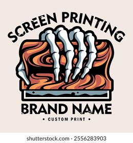 A vector illustration of a skeleton hand performing the screen printing process