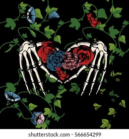 Vector illustration of a skeleton hands making heart, surrounded and covered with plants and flowers on black background. Vintage engraving style