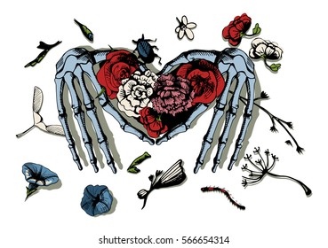 Vector illustration of a skeleton hands making heart, surrounded with flowers, bugs and leaves on white background. Vintage engraving style