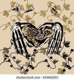 Vector illustration of a skeleton hands making heart, surrounded and covered with plants and flowers. Vintage engraving style, yellow, golden, khaki colors.