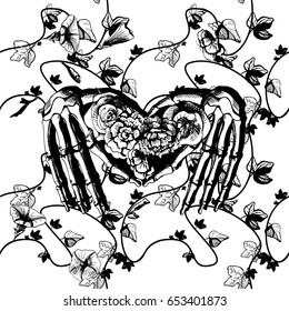 Vector illustration of a skeleton hands making heart, surrounded and covered with plants and flowers. Vintage engraving style, black and white, good for silk screen printing