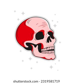 Vector Illustration with Skeleton Head. Red-Pink Human Skull with Light Gray Outline and Stars Isolated on a White Background. Halloween Print ideal for Card, Poster, Wall Art, T-Shirt. RGB Colors. 
