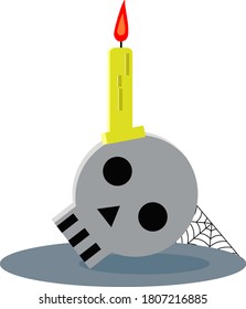 Vector illustration of a skeleton head, a skull with a burning candle and a spider web for Halloween in the cartoon style. The concept of holiday, fear, horror, fun, Halloween. Can be used for fabric