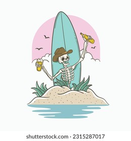 Vector illustration of a skeleton holding a bottle of beer on the beach