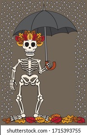 Vektorillustration eines Skeletts mit einem Regenschirm