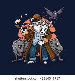 Cazador de esqueletos de ilustraciones vectoriales con perro zombie y cuervo zombi dibujado a mano estilo de caricatura