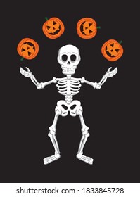 Vector illustration of a skeleton juggling carved Halloween pumpkins