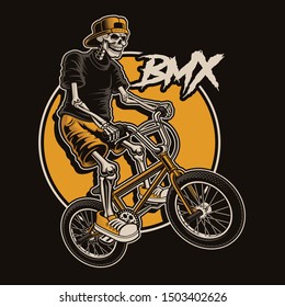 Vector illustration with a skeleton is jumping on bmx bike. Layred