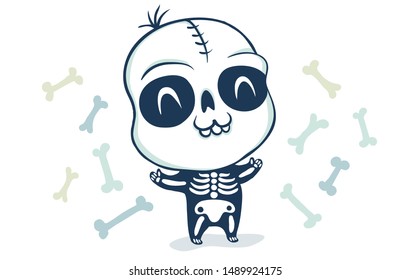 Vector illustration of a skeleton in kawaii style. Illustration of a cute kid in skeleton costume. Halloween monster.