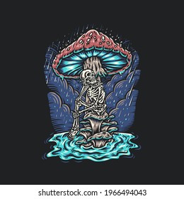 Vector illustration skeleton and mushrooms  hand drawn line style and digital color
