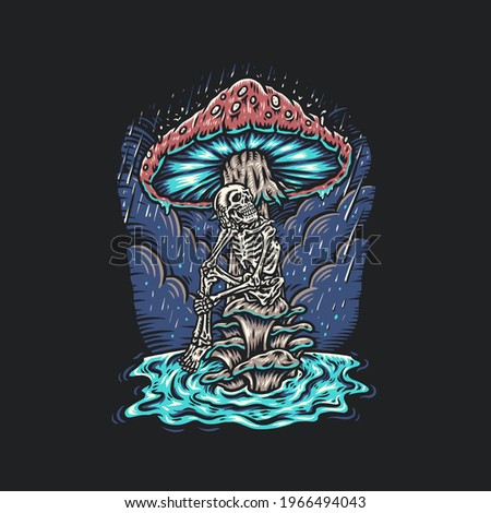 Vector illustration of skeleton with mushrooms, hand drawn line style with digital color