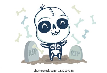 Vector illustration of a skeleton on cemetery in kawaii style. Illustration of a cute kid in skeleton costume. Halloween monster and graves.