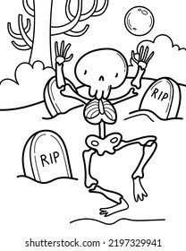 Vector illustration with skeleton on the cemetery. Coloring page with Halloween character.
