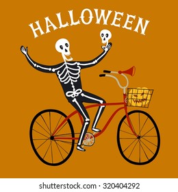 Vector illustration with skeleton on city bicycle with pumpkin in basket. Halloween illustration.