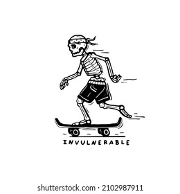 vector illustration of a skeleton on a skateboard, drawn by hand.