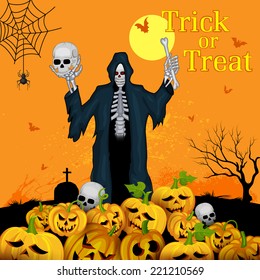 vector illustration of skeleton with pumpkin in Halloween night