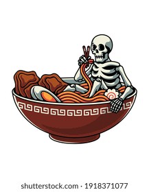 Vector illustration skeleton relaxing in a bowl of ramen, Letters With ラーメン Means Ramen