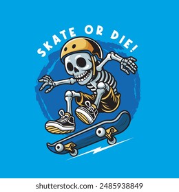 Vector Illustration of Skeleton Riding a Skateboard with Vintage Illustration Available for Tshirt Design