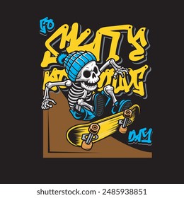 Vector Illustration of Skeleton Riding a Skateboard with Vintage Illustration Available for Tshirt Design