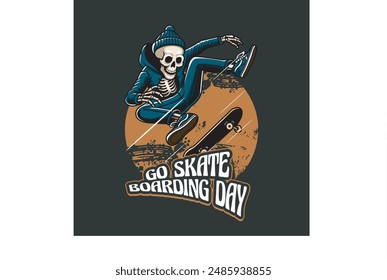 Vector Illustration of Skeleton Riding a Skateboard with Vintage Illustration Available for Tshirt Design