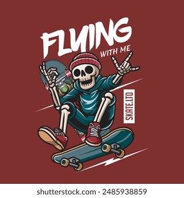 Vector Illustration of Skeleton Riding a Skateboard with Vintage Illustration Available for Tshirt Design