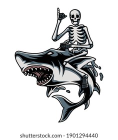 Esqueleto de ilustración vectorial montando tiburón silvestre, Para camisetas, pegatinas y otros productos similares.